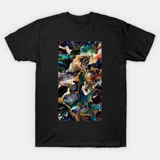 Abstract Nebula in Black, Tan, White, and Teal with Red Accent T-Shirt